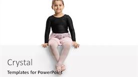  Presentation with ballerina - Slide deck consisting of little ballerina sitting on a panel and looking at the camera isolated on white background background and a white colored foreground