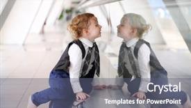  Presentation with gallery - Slide set featuring little barefoot girl in tie sits on floor in gallery near glass wall and looks at her reflection background and a gray colored foreground