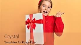  Presentation with gift - PPT theme consisting of little-beautiful-girl-holding-gift background and a coral colored foreground