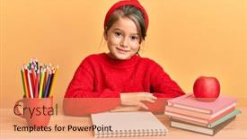  Presentation with classroom - Colorful slide set enhanced with little-beautiful-girl-sitting backdrop and a coral colored foreground