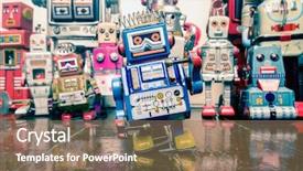  Presentation with robot toy - Amazing PPT layouts having little blue drummer robot toy backdrop and a coral colored foreground