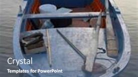  Presentation with fishing boat - Presentation with little boat by fishing of wood with paddles at the mooring background and a seafoam green colored foreground