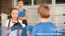  Presentation with boxing ring - Colorful presentation theme enhanced with little boy and girl fighting on boxing ring backdrop and a teal colored foreground