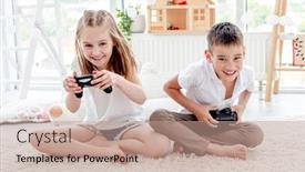  Presentation with video game - Presentation theme having little-boy-and-girl-playing background and a coral colored foreground