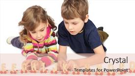  Presentation with railway - Beautiful slides featuring little boy and girl playing with wooden railway lying on floor full body isolated on white backdrop and a lemonade colored foreground