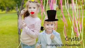  Presentation with pantomime theater masks - Amazing slide deck having little boy and girl posing backdrop and a  colored foreground