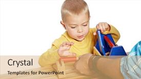  Presentation with eco friendly - Colorful presentation design enhanced with little boy and his father playing with wooden eco friendly toys on isolated white background backdrop and a coral colored foreground