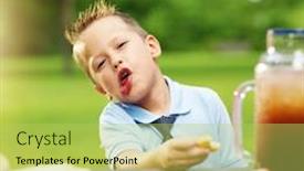  Presentation with faces - Presentation theme enhanced with little boy at picnic making faces while eating food background and a yellow colored foreground