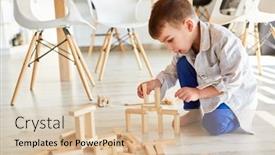  Presentation with wooden building blocks - Presentation theme featuring little-boy-concentratedly-stacking-wooden background and a lemonade colored foreground