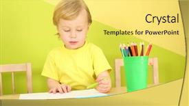  Presentation with colored pencils - Colorful presentation theme enhanced with little boy draws with colored pencils sitting at a table in bright room backdrop and a yellow colored foreground
