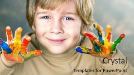  Presentation with colorful hands - Theme having little boy hands painted in colorful paints background and a coral colored foreground