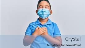  Presentation with medical face mask - PPT theme featuring little-boy-hispanic-kid-wearing background and a light blue colored foreground