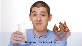  Presentation with donuts chocolate - Theme with little boy holding and eating a chocolate donuts and drinking milk on white background background and a light blue colored foreground