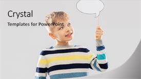  Presentation with communication - Audience pleasing PPT theme consisting of little boy holding blank speech backdrop and a light gray colored foreground