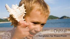 Presentation with sea shell - Slides with little boy holds a shell in a hand sea coast background and a coral colored foreground