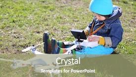  Presentation with quadcopter - Cool new PPT theme with little boy in blue hat sitting on grass with radio control in his hands and quadcopter backdrop and a mint green colored foreground