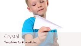  Presentation with plane - Presentation theme having little boy in blue t-shirt with paper plane in studio background and a sky blue colored foreground
