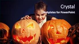  Presentation with vampire - Presentation design having little boy in halloween costume of vampire posing with pumpkins over dark background background and a wine colored foreground