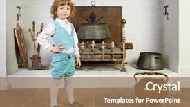  Presentation with boiler - Presentation theme featuring little boy in medieval costume background and a coral colored foreground