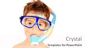  Presentation with isolated paw prints over white - PPT layouts having child goggles swimming - little boy in scuba mask background and a sky blue colored foreground