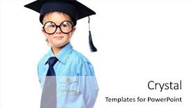  Presentation with academic - Colorful slides enhanced with little boy in spectacles and academic hat standing over white background isolated backdrop and a white colored foreground