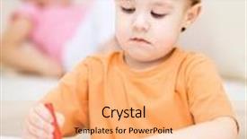  Presentation with crayon - PPT theme consisting of little boy is drawing on white paper using crayon his sister sits behind him background and a coral colored foreground