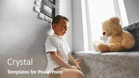  Presentation with teddy bear - Colorful slide set enhanced with little boy is hugging a teddy bear smiling while sitting on stairs at home backdrop and a coral colored foreground