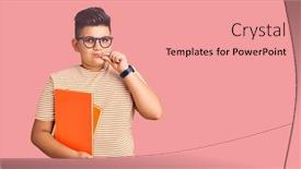  Presentation with book glasses - Audience pleasing PPT layouts consisting of little-boy-kid-holding-book backdrop and a coral colored foreground