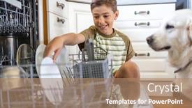  Presentation with loading - Presentation theme having little-boy-loading-the-dishwasher background and a coral colored foreground
