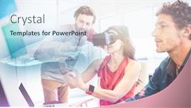  Presentation with tank - Colorful slides enhanced with little boy looking at fish tank against colleagues using technology backdrop and a sky blue colored foreground