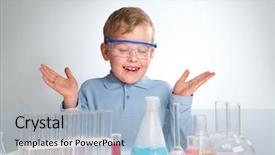  Presentation with chemical experiment - PPT layouts enhanced with children lab - little boy looking flask background and a light blue colored foreground