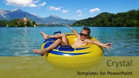  Presentation with rubber - Beautiful slide set featuring little-boy-on-inflatable-ring backdrop and a gold colored foreground