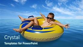  Presentation with sardines school in blue sea - Theme consisting of little-boy-on-inflatable-ring background and a ocean colored foreground