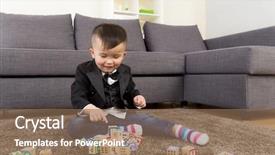  Presentation with wooden toy - Slide deck with little boy play wooden toy block at home background and a violet colored foreground