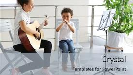 Presentation with music instruments - Slides with little boy playing on music background and a light gray colored foreground