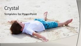  Presentation with angel - PPT layouts enhanced with little boy playing on tropical beach making an angel on white sand background and a white colored foreground