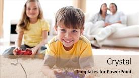  Presentation with video game - PPT layouts consisting of little boy playing video game background and a coral colored foreground