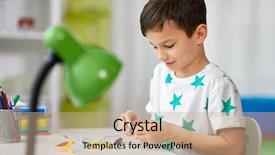  Presentation with childhood - Beautiful PPT theme featuring little boy playing with building backdrop and a coral colored foreground