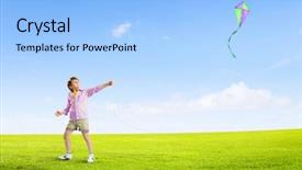  Presentation with kite - Cool new slide deck with little boy playing with kite on meadow childhood concept backdrop and a light blue colored foreground