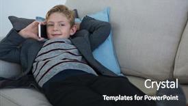  Presentation with phone - Presentation theme enhanced with little boy playing with phone background and a  colored foreground