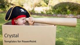  Presentation with telescope - Presentation having little boy pretending to be a pirate and looking through a telescope in the park background and a soft green colored foreground
