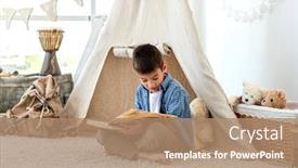  Presentation with reading - PPT theme consisting of little-boy-reading-paper-book background and a coral colored foreground