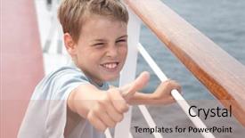  Presentation with ship - Audience pleasing presentation design consisting of little boy shows ok on deck of big passenger ship backdrop and a coral colored foreground