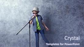  Presentation with multimedia wall television video broadcast - PPT layouts featuring little boy singing with microphone background and a ocean colored foreground