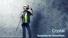  Presentation with microphone - Amazing PPT layouts having little boy singing with microphone on a grey wall background backdrop and a ocean colored foreground