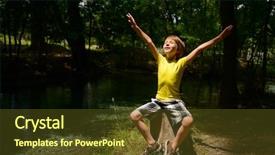  Presentation with nature river - PPT theme consisting of little boy sitting on stump on the bank of forest river and enjoy warm sun beams summer nature outdoor background and a tawny brown colored foreground