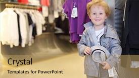  Presentation with clothing - Slide deck enhanced with little boy stands near clothes background and a yellow colored foreground