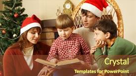  Presentation with members - Audience pleasing slides consisting of little boy surrounded by his family members trying to read book backdrop and a tawny brown colored foreground