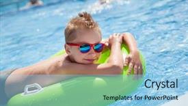  Presentation with rubber - Beautiful PPT theme featuring little boy swimming in the pool with big bright green rubber ring having fun in aquapark backdrop and a light blue colored foreground