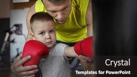  Presentation with coach - Beautiful presentation theme featuring little boy training with coach and punchbag in boxing gym backdrop and a dark gray colored foreground